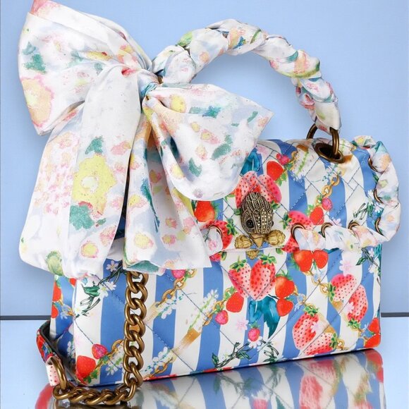 Kurt Geiger Kensington Bag Blue Stripe Strawberry Satin Scarf Shoulder Bag - NEW - Picture 2 of 11